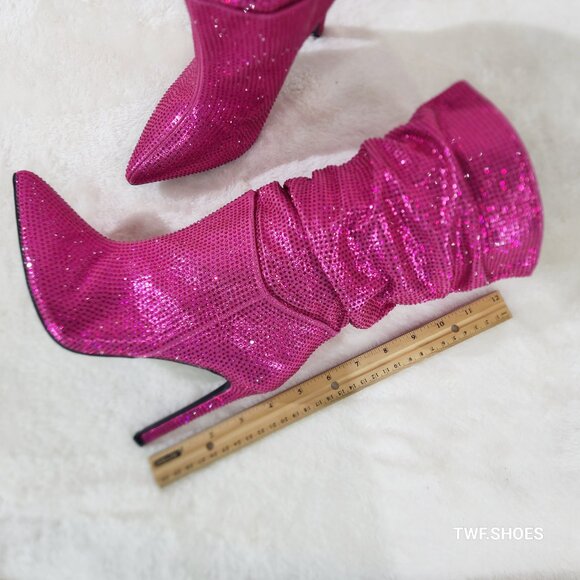 Radiant Fuchsia Pink Rhinestone High Heel Slouch Mid Calf Pull On Boots - Picture 8 of 8